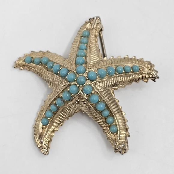 Vintage Signed Maresco Gold Tone Starfish Turquoise Brooch Pin - Picture 3 of 6